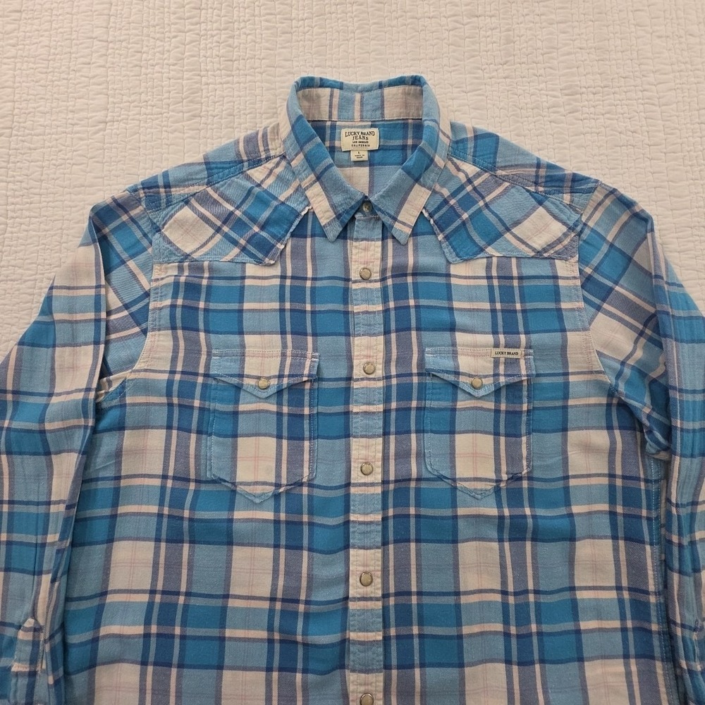 Lucky Brand Button Up Blouse Women's L Blue White Plaid Long Sleeve Pearl Snap - Picture 4 of 16